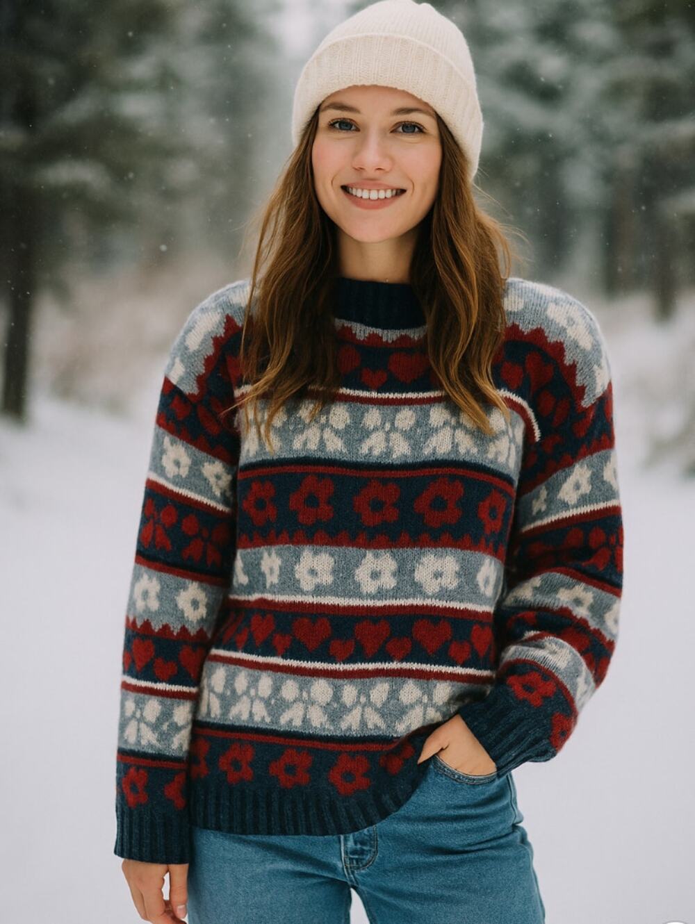 Vintage Huntington Ridge Heart Floral Fair Isle Sweater L Red Blue Cozy Knit